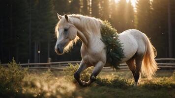 A beautiful horse adorned with greenery, running through a sunlit forest. photo