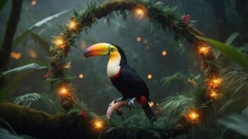 A toucan perched in a lush forest, surrounded by a decorative wreath and soft lights. photo