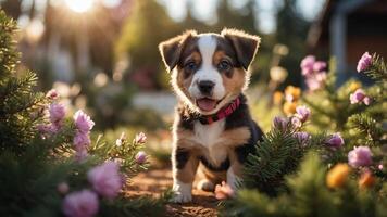 A playful puppy surrounded by colorful flowers in a sunny garden setting. photo