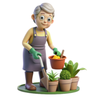 timeless futuristic Elderly woman gardening NO BACKGROUND with Transparent Background. handcrafted png