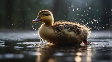 A duckling splashes in water, creating droplets in a serene natural setting. photo
