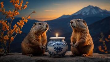 Two marmots sit beside a candle in a decorative jar against a mountain sunset backdrop. photo