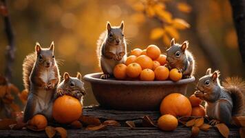 A group of squirrels playfully gathered around a bowl of oranges in a serene autumn setting. photo