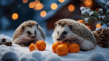 Two hedgehogs in the snow with tangerines, creating a cozy winter scene. photo