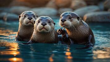 Three playful otters swimming together in a serene water setting at sunset. photo
