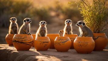 A group of meerkats playfully exploring colorful pots in a natural setting. photo