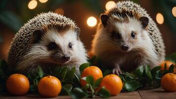 Two hedgehogs surrounded by oranges and greenery, creating a cozy, festive atmosphere. photo