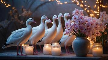 A serene scene featuring white birds, candles, and pink flowers in a softly lit setting. photo