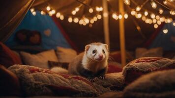 A ferret sits on cushions in a cozy, softly lit tent adorned with string lights. photo