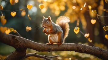 A squirrel perched on a branch surrounded by heart-shaped leaves in a warm, autumn setting. photo
