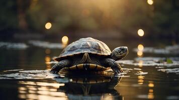 A turtle glides across a serene water surface, illuminated by soft sunlight. photo