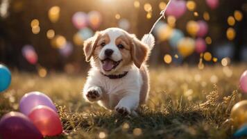 A joyful puppy running through a grassy field, surrounded by colorful balloons. photo