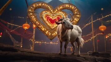 A goat stands in a circus setting, framed by a large illuminated heart. photo