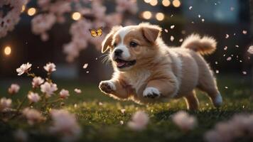A playful puppy leaps through a field of flowers, chasing a butterfly in a joyful moment. photo