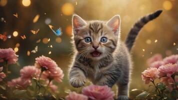 A playful kitten surrounded by flowers and butterflies in a magical setting. photo