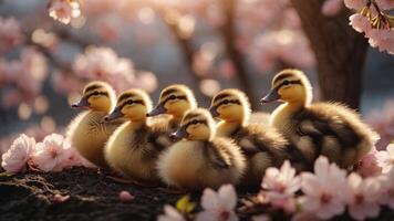 A group of fluffy ducklings resting among cherry blossoms in soft sunlight. photo
