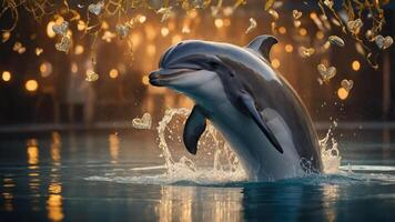 A dolphin leaps joyfully in a sparkling pool surrounded by heart-shaped decorations. photo