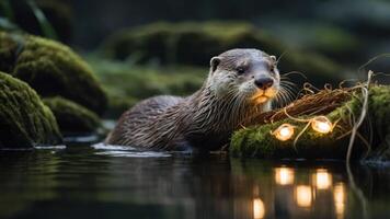 An otter in a serene environment, illuminated by soft lights among mossy rocks. photo