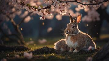 A serene scene of rabbits among blooming cherry blossoms in a tranquil setting. photo