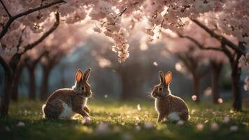 Two rabbits sit beneath blooming cherry blossom trees in a serene, picturesque setting. photo