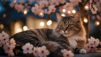 A serene cat lounging among cherry blossoms with soft lights in the background. photo