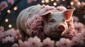 A pig adorned with flowers, surrounded by blossoms and lights, creating a whimsical scene. photo