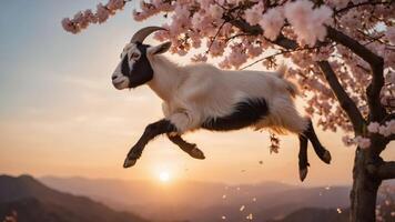 A goat leaps joyfully beneath cherry blossoms at sunset. photo