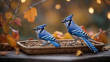 Two blue jays perched on a tray of seeds amidst autumn leaves and soft bokeh lights. photo