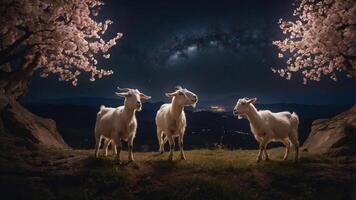 Three goats under cherry blossom trees with a starry night sky backdrop. photo