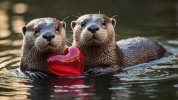 Two otters playfully holding a red heart-shaped object in a serene water setting. photo