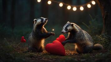 Two badgers play with red heart-shaped pillows under string lights in a forest setting. photo