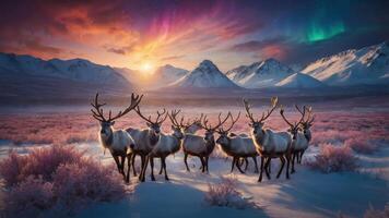A herd of reindeer in a snowy landscape under a colorful aurora and mountain backdrop. photo