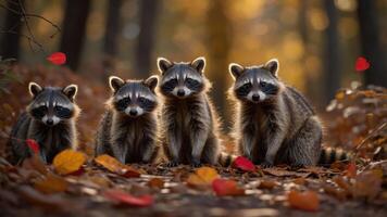 Four raccoons stand together on a forest path covered in autumn leaves. photo