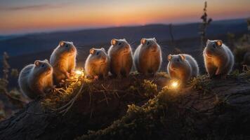 A group of small, furry creatures gathered on a log at sunset, illuminated by tiny lights. photo