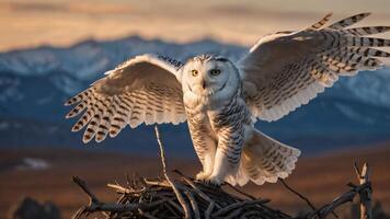 A majestic snowy owl spreads its wings on a nest against a mountainous backdrop. photo
