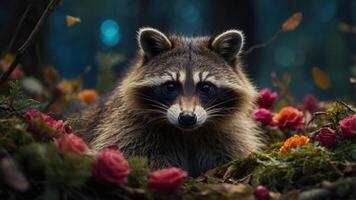 A raccoon surrounded by colorful flowers in a serene forest setting. photo