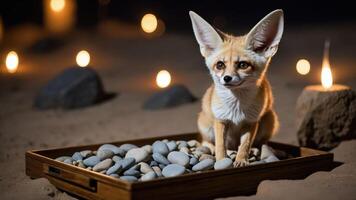 A fennec fox sits on pebbles surrounded by candles, creating a serene atmosphere. photo