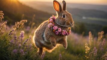 A playful rabbit adorned with a floral crown leaps through a field at sunset. photo