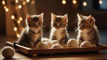 Three playful kittens surrounded by yarn balls, illuminated by soft lights. photo