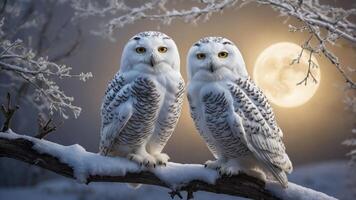 Two snowy owls perched on a snowy branch with a full moon in the background. photo