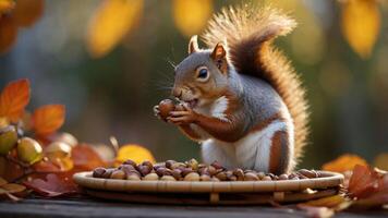 A squirrel enjoys a nut amidst autumn leaves, showcasing nature's beauty and wildlife. photo
