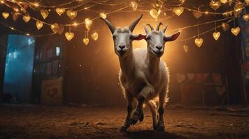 Two goats playfully running under heart-shaped lights in a dimly lit space. photo