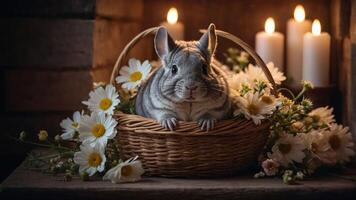 A cute chinchilla resting in a woven basket surrounded by flowers and candles. photo
