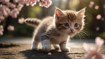 A playful kitten exploring under blooming cherry blossoms in soft sunlight. photo