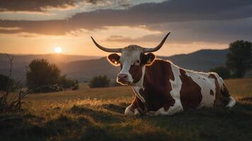 A cow rests in a serene landscape during sunset, highlighting rural tranquility. photo