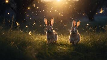 Two rabbits play in a sunlit meadow, surrounded by sparkling lights and a magical atmosphere. photo