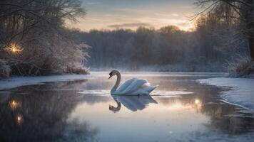 A serene winter scene featuring a swan gliding on a misty, frost-covered lake at dawn. photo