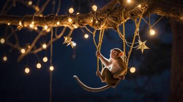 A monkey swings on a tree branch adorned with decorative lights and stars at night. photo