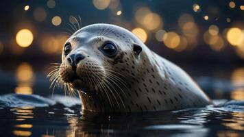 A close-up of a seal swimming in water, surrounded by soft, glowing lights. photo
