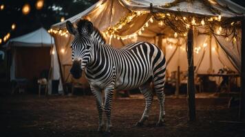 A zebra stands near a beautifully lit tent in a nighttime setting. photo